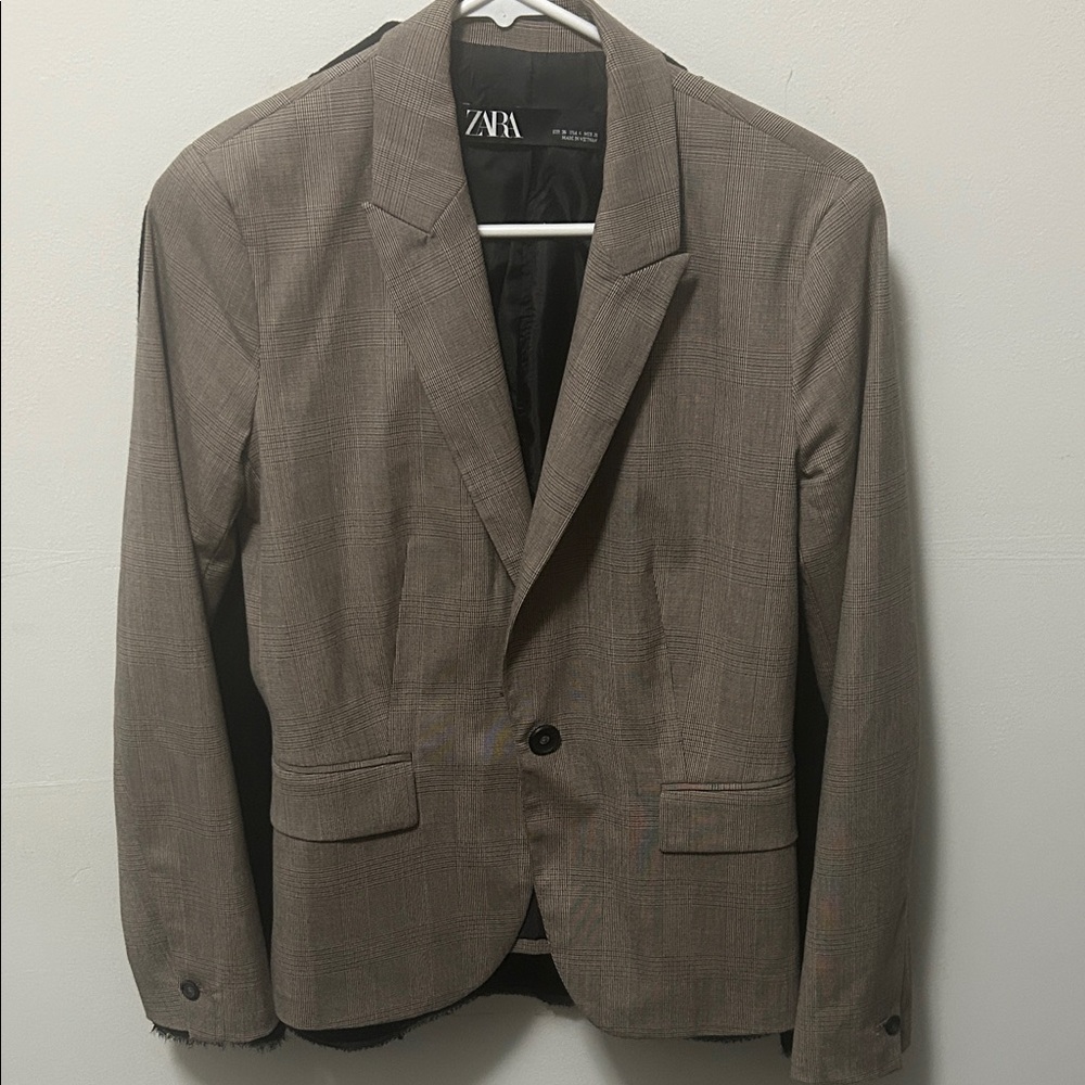 Zara Men's Taupe Plaid Single-Breasted Blazer